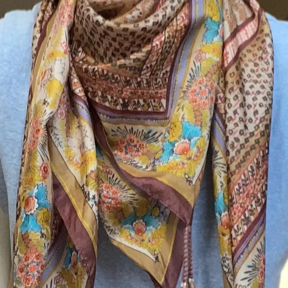 Johnny Was $110 Silk Boho Brown Gold Turquoise Block Print Tassel Scarf EUC